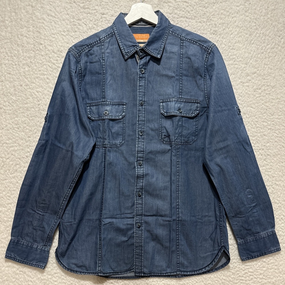 Scullers Shirt‎ Men's 40 Chambray Cotton Button Up Collared Slim Fit Long Sleeve